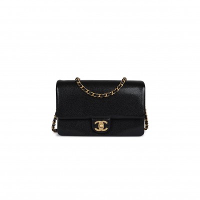CHANEL MASTER SMALL FLAP BAG BLACK SHINY GRAINED CALFSKIN BRUSHED GOLD HARDWARE  AS5186 (23*15*8cm)